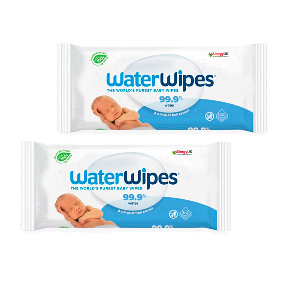 Waterwipes салфетки влажные детские WaterWipes® Original 60 листов 2 уп.(120 листов) - фото  1